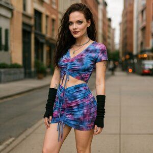 Current Mood Tie Dye Crop Top & Mini Skirt Set w/ Ruched Front – Size S